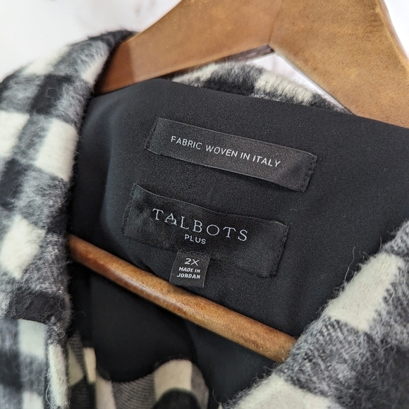 TALBOTS Shirt Jacket Womens 2X Wool Black White Plaid Button Up Sash Buffalo - Picture 3 of 12